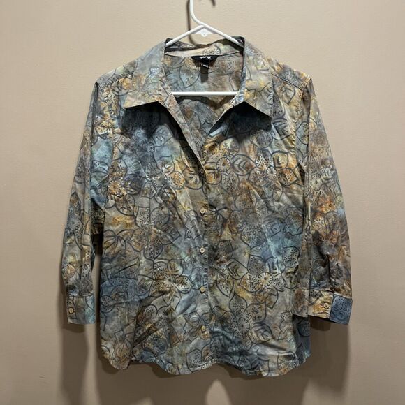 krazy kat Tops - Krazy Kat Women Gray Blue Batik Cotton Button Up L Floral Artsy 3/4 Sleeve Soft